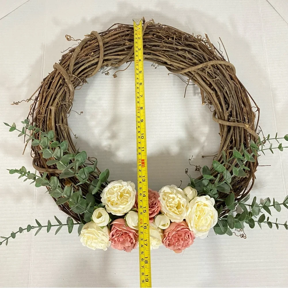 Grapevine Wreath Blush Ivory Flowers Eucalyptus Rustic Farmhouse Door Decor